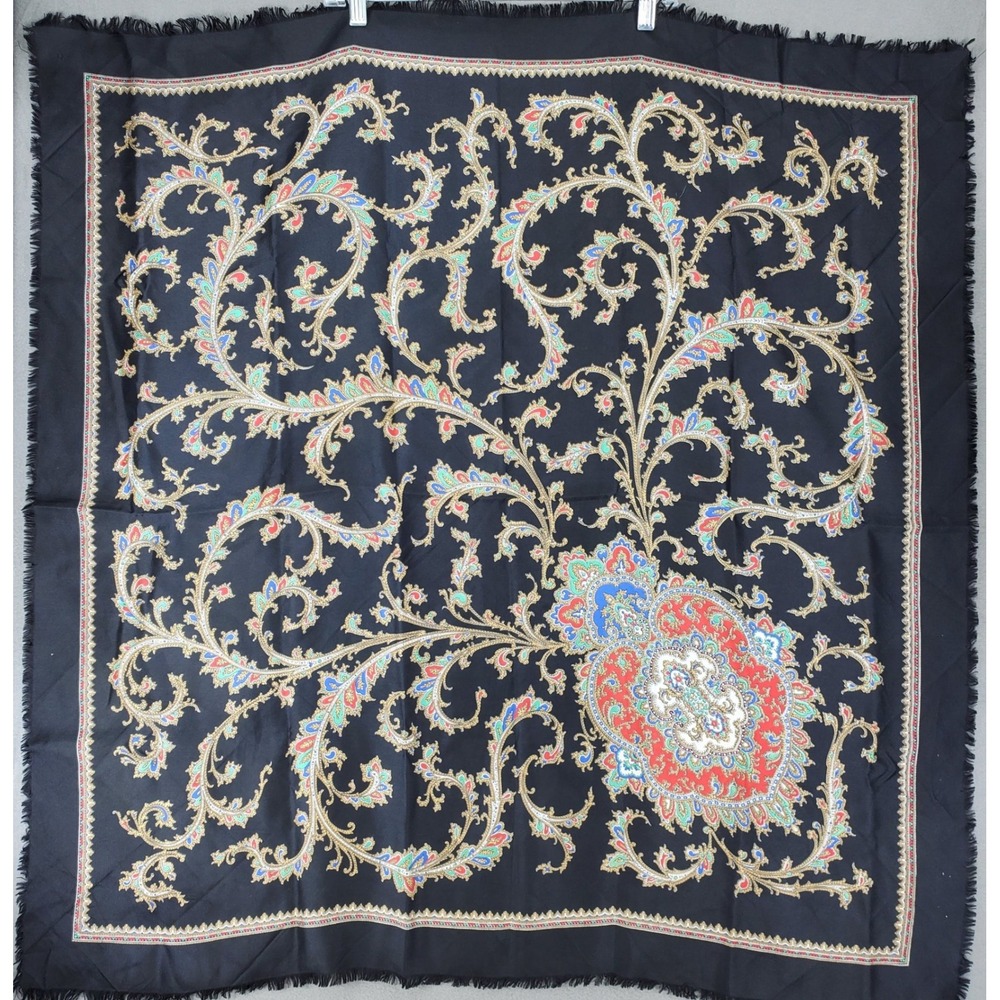 La Dear Scarf Black Paisley Floral Italian Fringed Square Large Vintage Silk